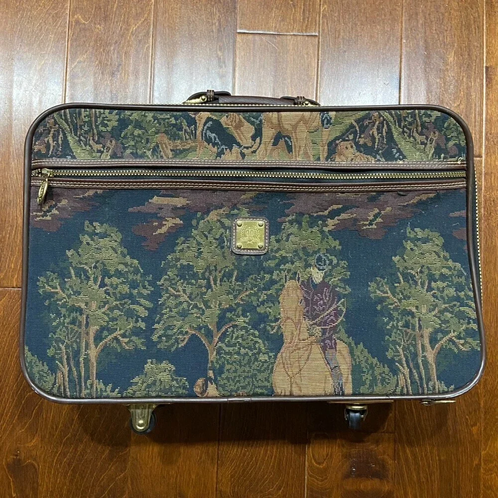 Capezio Collection VTG Fox Hunt Brown Leather Tapestry Travel Luggage Set